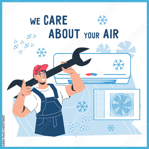 Air conditioning service promotion banner or flyer mockup, flat cartoon vector illustration. Installation and maintenance of air conditioners, repair services.