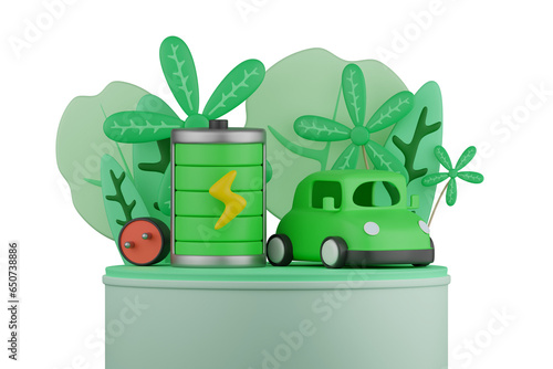 3D rendering Future energy saving Electric car parked next to battery with charger There is a tree behind the concept. Energy and environment