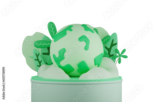 3D rendering of a green globe placed in front of various leaves. Concept of future environmental conservation