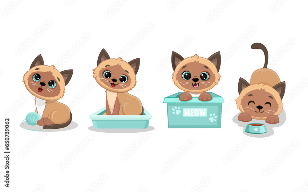 Set of isolated cute cats in different poses in cartoon style. Siamese kitten. Vector illustration Set of isolated cute cats in different poses in cartoon style. Siamese kitten. Vector illustration