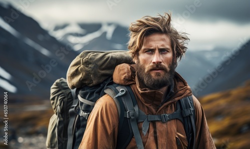 A close-up portrait of a middle-aged man in a jacket with backpack hiking in the Scandinavian mountains during an overcast autumn day.