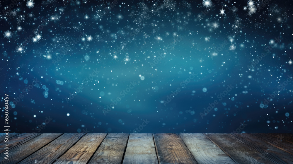 Wooden Table with Snowy Blue Background Design for Christmas Wooden Table with Snowy Blue Background Design for Christmas