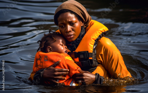 A refugee african black mother protect her son in the water of mediterranean sea © Giordano Aita