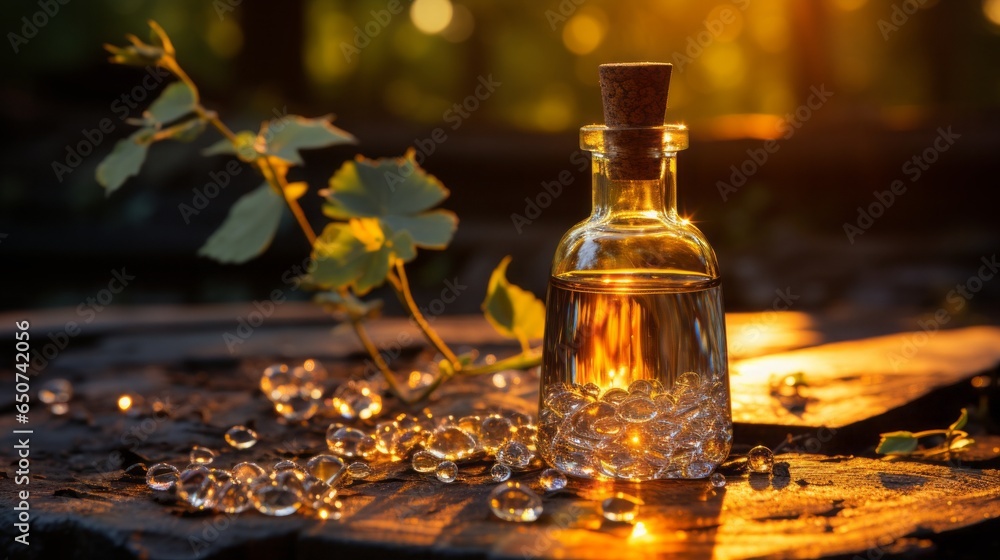 A glass vial filled with golden liquid resting A glass vial filled with golden liquid resting