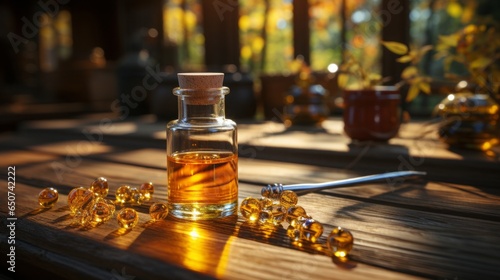 A glass vial filled with golden liquid resting