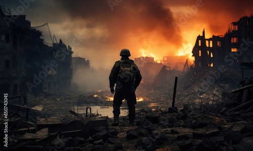 A soldier silhouette, viewed from behind, stands against the backdrop of a burning city, reflecting the grim reality of urban warfare and devastation.