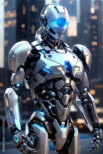 A Robotic Humanoid with Azure LED Eyes Stands Tall in a Neon-Lit Metropolis