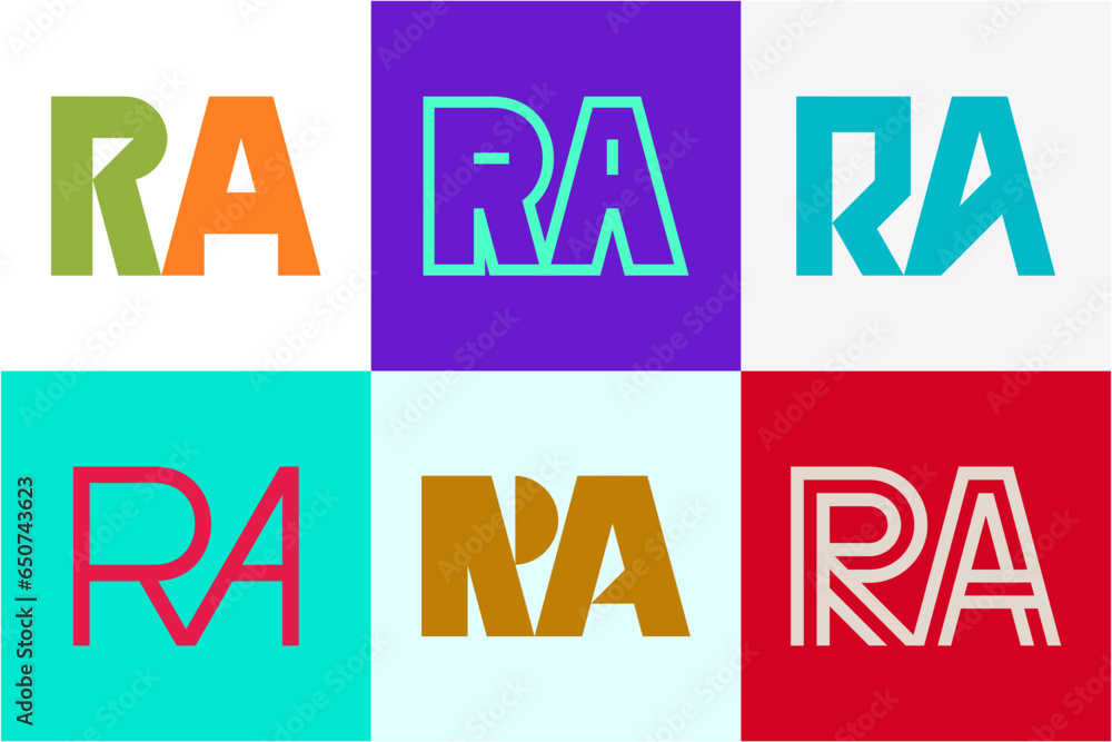 Set of letter RA logos. Abstract logos collection with letters. Geometrical abstract logos Set of letter RA logos. Abstract logos collection with letters. Geometrical abstract logos