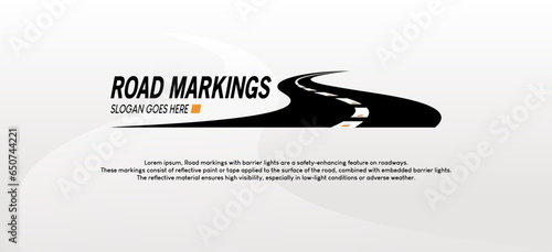Road marking logo design with yellow reflector light symbol with winding road
