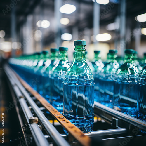 Water bottles in the industrial production process in conveyor line, factory process, coveyor line, background are factory