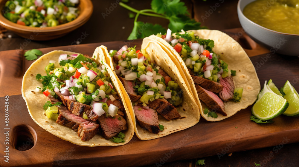 Carne Asada Tacos - A delectable array of tacos, each artfully garnished with an array of vegetables, invites diners to savor the flavors of authentic mexican cuisine in a cozy indoor restaurant Carne Asada Tacos - A delectable array of tacos, each artfully garnished with an array of vegetables, invites diners to savor the flavors of authentic mexican cuisine in a cozy indoor restaurant