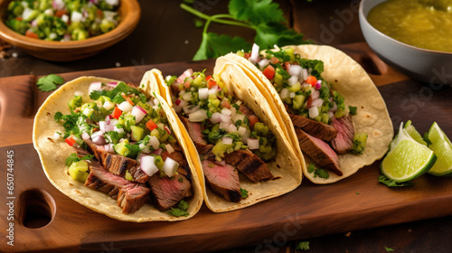 Carne Asada Tacos - A delectable array of tacos, each artfully garnished with an array of vegetables, invites diners to savor the flavors of authentic mexican cuisine in a cozy indoor restaurant