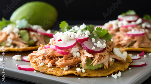 A colorful and carefully crafted dish of tacos and tostadas topped with an array of delicate vegetables and garnishes captures the artistry of mexican cuisine in one delicious plate photo