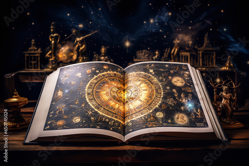 An open book rests on a table, displaying a page about astrology and zodiac signs, often consulted for insights into luck and destiny photo