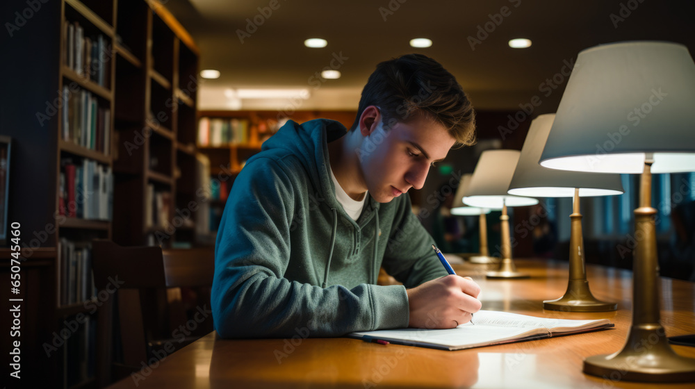 Dedicated student deeply engrossed in studying, surrounded by stacks of books in a library