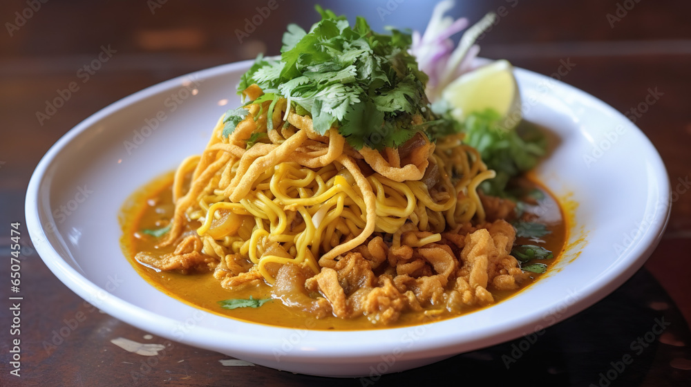 Khao Soi A Northern_Thai specialty -This mouthwatering plate of noodles and vegetables, served with a slice of lime for added zest, is a delicious mix of cultures, flavors, and textures that is sure 