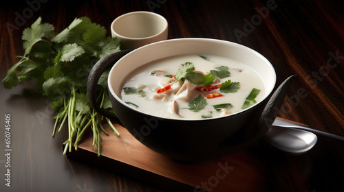 Tom Kha Gai Creamy Coconut Milk Based Thai Soup - A steaming bowl of aromatic soup served with a delicate porcelain cup of cool water creates a comforting ambiance in any home or restaurant photo