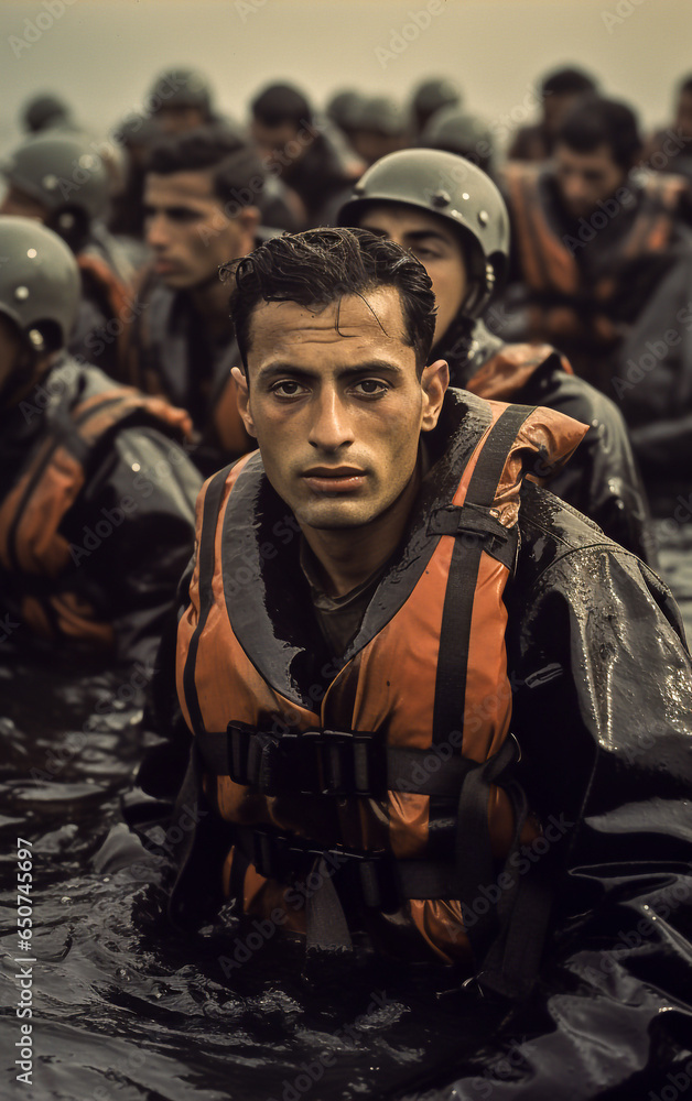 Refugees wearing life jackets emerge from the sea