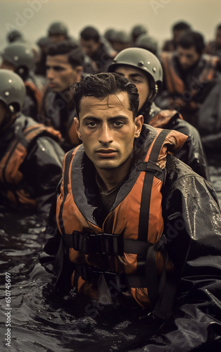 Refugees wearing life jackets emerge from the sea