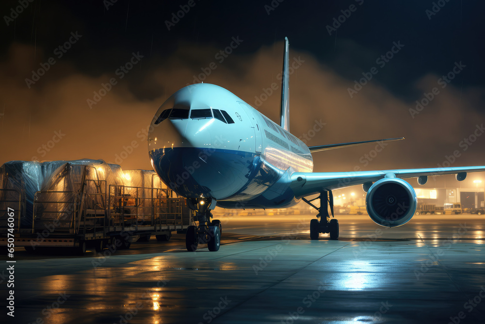 Commercial cargo air freight airplane loaded at airport at night