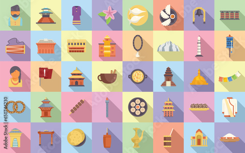 Kathmandu icons set flat vector. Tourism skyline. Architecture ancient