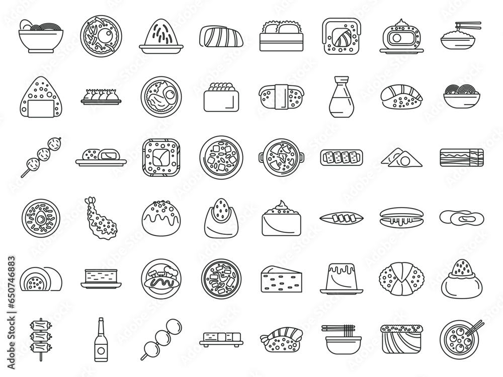 Japanese food icons set outline vector. Tempura asian. Oden plate