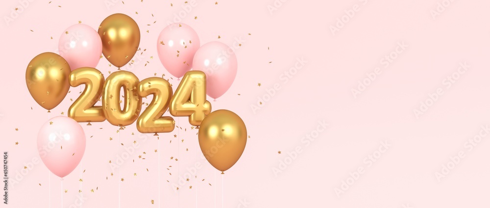 Golden balls in the form of the number 2024 on a pink background. 3d rendering