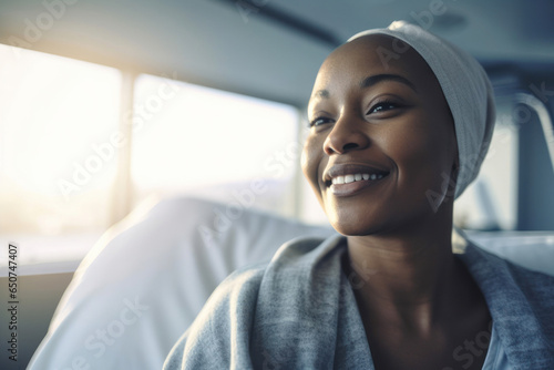 Happy African American Woman undergoing chemotherapy, cancer treatment, remission.  Portrait of bald smiling woman in the hospital. Cured patient, healthy young woman.  photo
