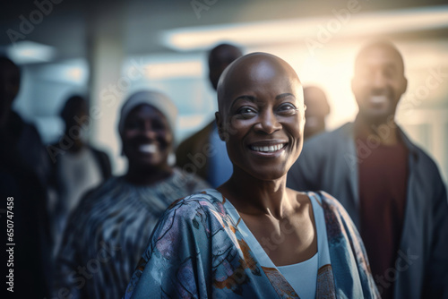 Happy African American Woman undergoing chemotherapy, cancer treatment, remission.  Portrait of bald smiling woman in the hospital. Patient, Surrounded by relatives. photo