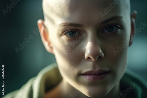 Portrait of a bald girl suffering from cancer. She looks strong and brave. 