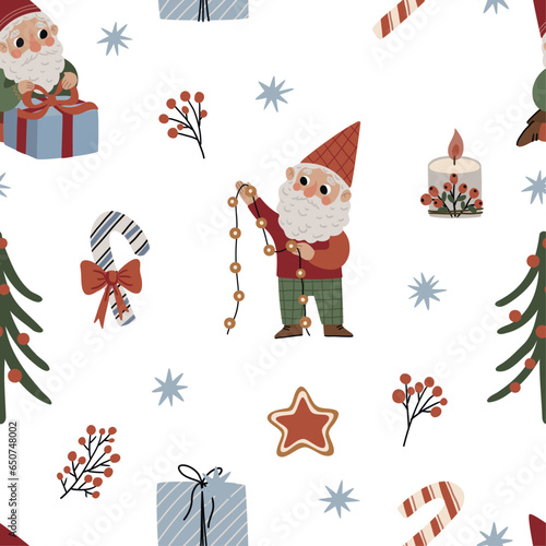 Seamless pattern with cute Christmas gnomes, snowmen and Christmas attributes on a white background for textiles, scrapbooking paper, cards.