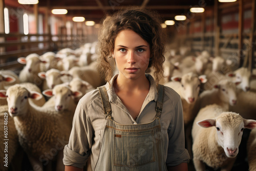 Sheep dairy farm worker, young woman standing near animals herd