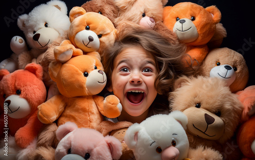 A little girl laughs joyfully surrounded by soft teddy bears