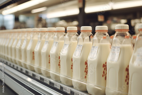 Rows of milk bottles line a supermarket shelf, offering various types of milk including whole, skim, and almond