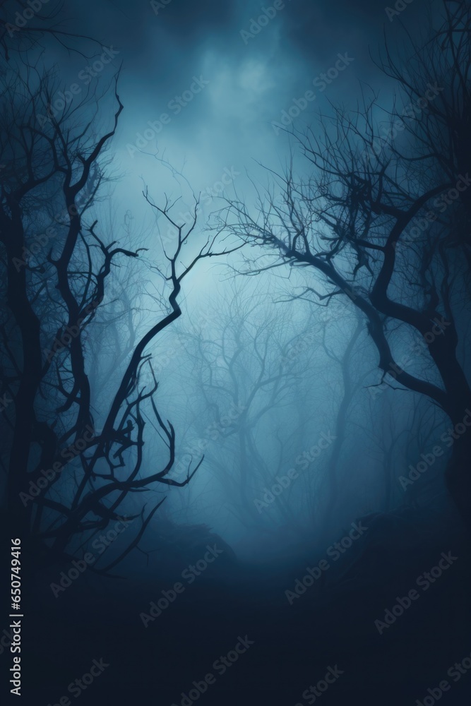 Obraz premium Misty spooky forest background, gloomy trees in scary horror foggy woods Happy Halloween dark night creepy nature mist fantasy atmosphere mystery dramatic landscape fall nightmare scenery. Copy space