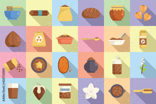 Buckwheat icons set flat vector. Agriculture cereal. Detox diet