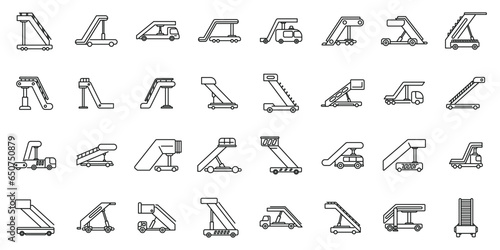 Airplane stairs icons set outline vector. Engine plane. Arrival staff