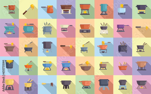 Fondue icons set flat vector. Cheese melted. Cook pot