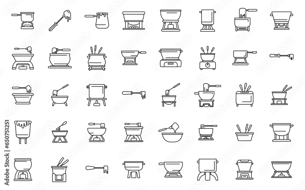 Fondue icons set outline vector. Cheese melted. Cook pot Fondue icons set outline vector. Cheese melted. Cook pot