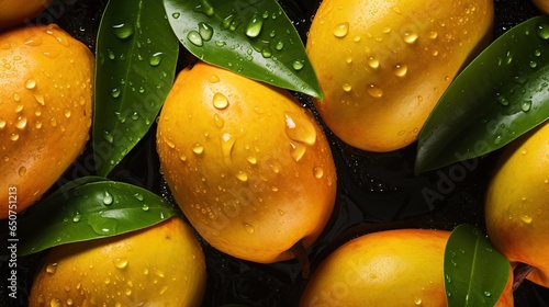 Fototapeta Naklejka Na Ścianę i Meble -  Generative AI, closeup fresh mango fruit background. Tropical exotic closeup photo with water drops.	