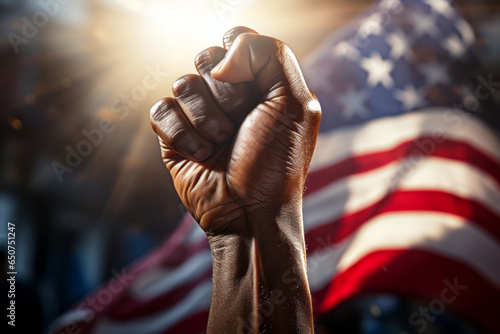 Raised fist of African American people in front of USA flag, symbolic fight gesture to protest against racism and racial discrimination, for change, justice, equality, democracy - Black Lives Matter © mozZz