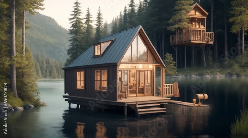 Design a 4K artwork showcasing a lakeside tiny house with intricate detail  set against a backdrop of a dense and picturesque forest