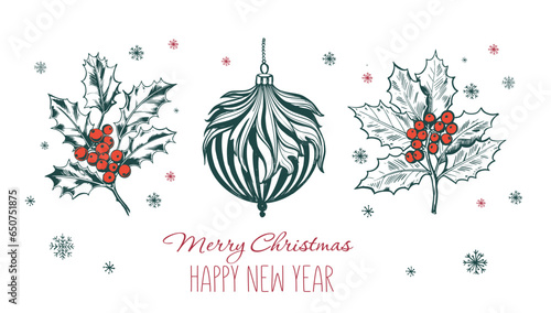 Holly berry and ball Christmas, hand drawn illustrations