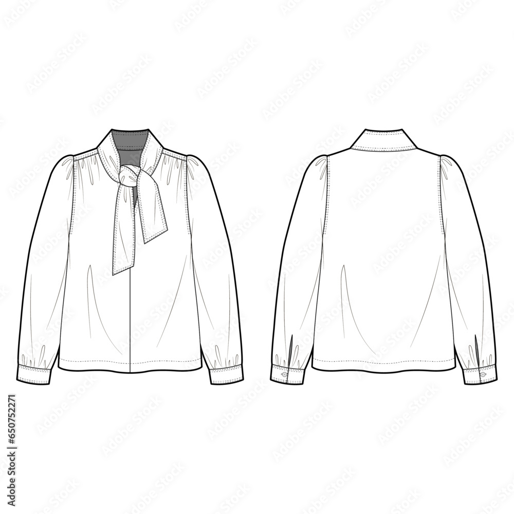 Technical Flat sketch of ribbon tie neck blouse. Vector mock up Template. Volume sleeve popover top. Gather detailed top with knotted neck. long sleeve w. cuffs and buttons. - obrazy, fototapety, plakaty 