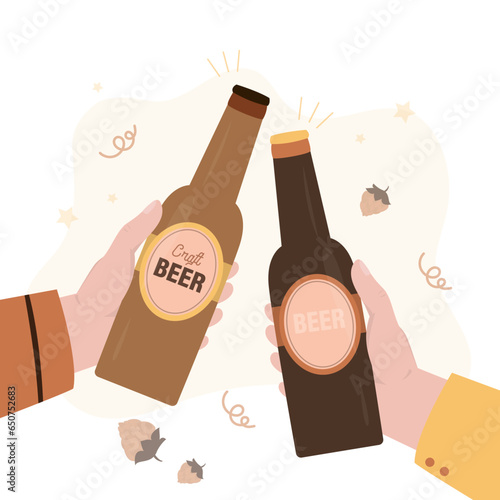 Human hands hold two beer bottles. Clink glasses bottles. Pub party celebration. Two drunk people drinking beer on white background. Cheers, buddy. Alcohol, bar party.