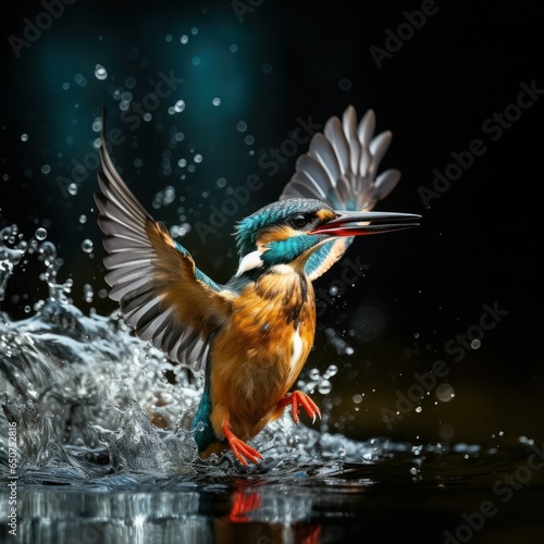 kingfisher caught fish from under the water in mouth