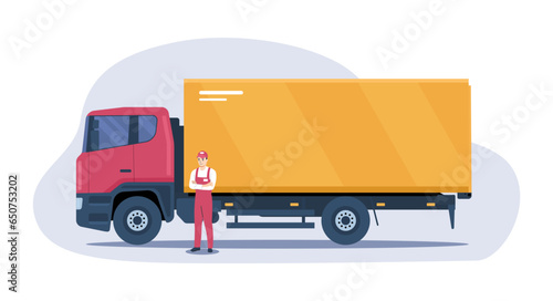 Box truck with delivery man standing next to it. Vector illustration.