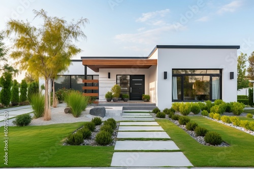 A minimalist cubic house designed in a modern ranch style, featuring a terrace and meticulously landscaped front yard to enhance its residential architecture exterior. © Md Shahjahan
