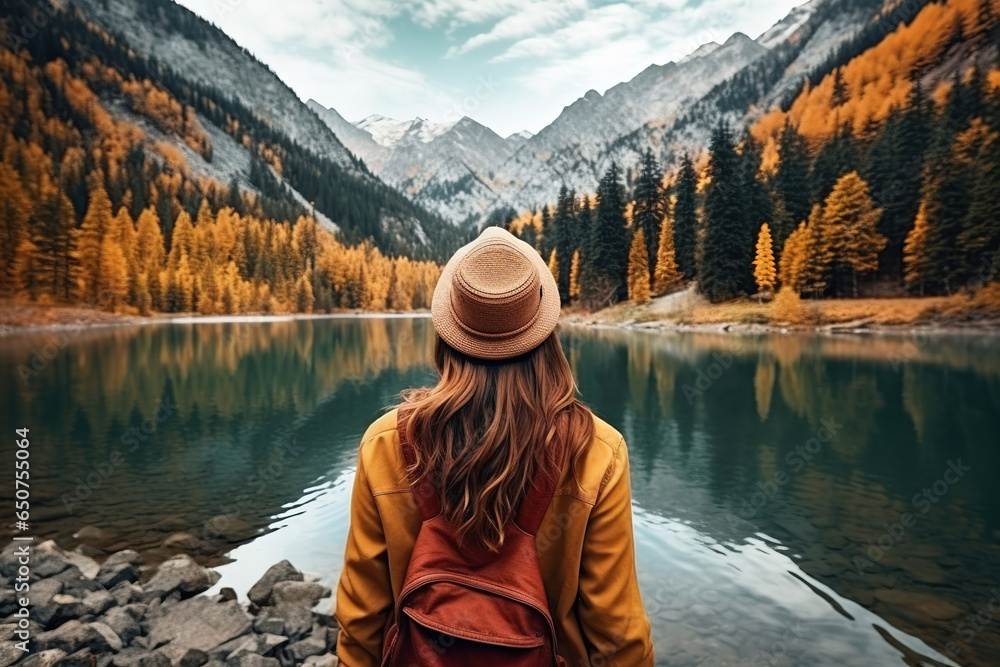 Woman enjoying beauty of nature looking at mountain lake forest. Autumn adventure travel background - obrazy, fototapety, plakaty 