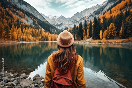 Woman enjoying beauty of nature looking at mountain lake forest. Autumn adventure travel background